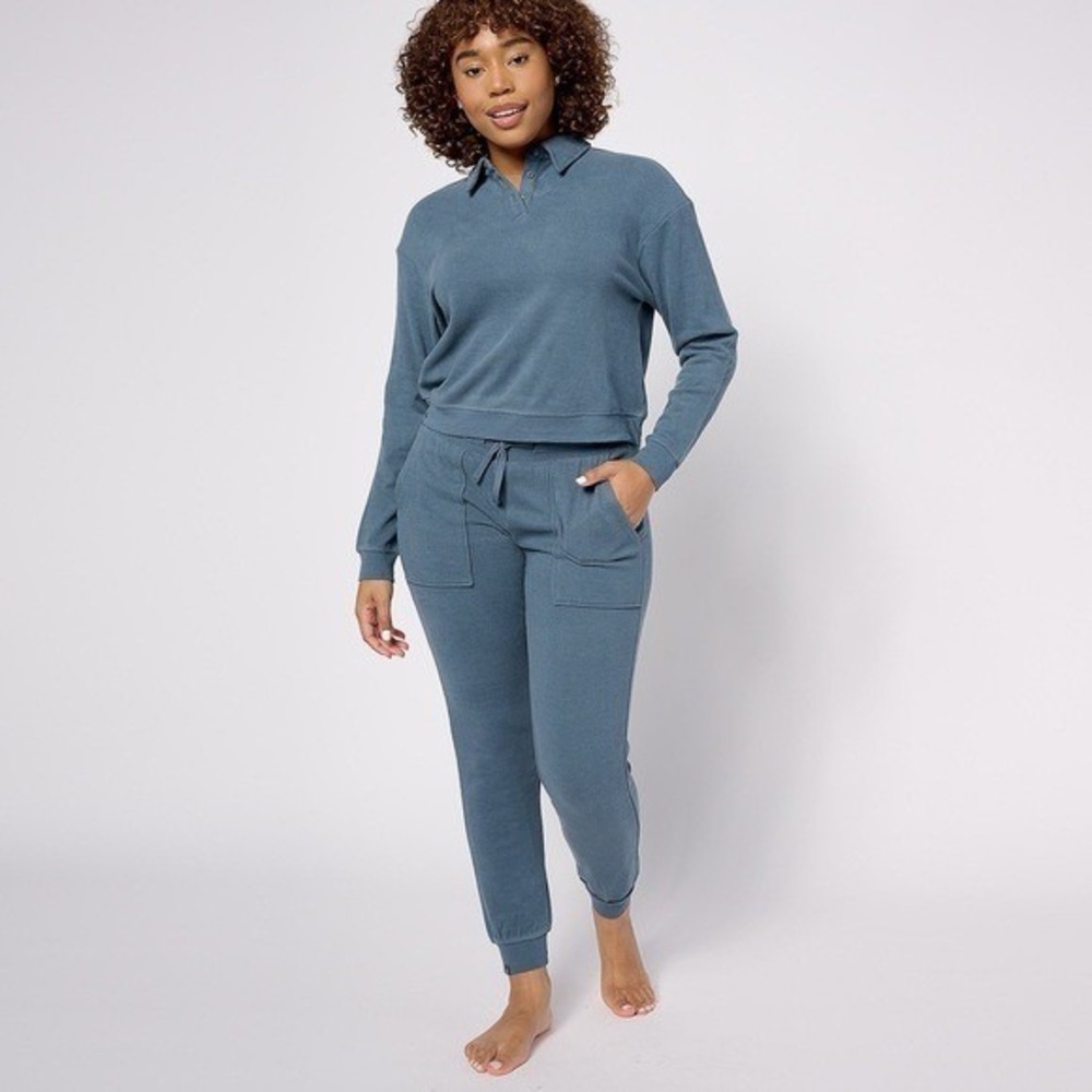 Barefoot Dreams Malibu Collection Polo Sweatshirt Blue Slate Size L B124-421